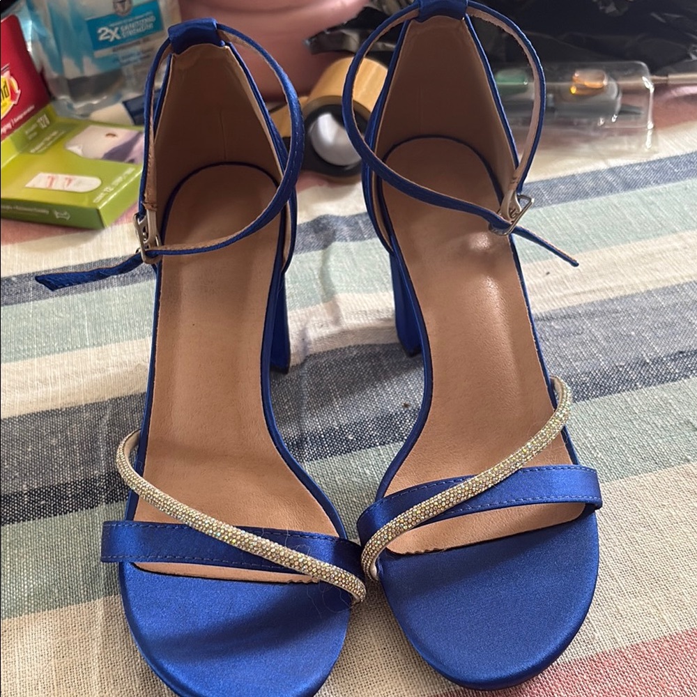 Blue heels with beautiful rhinestone designs